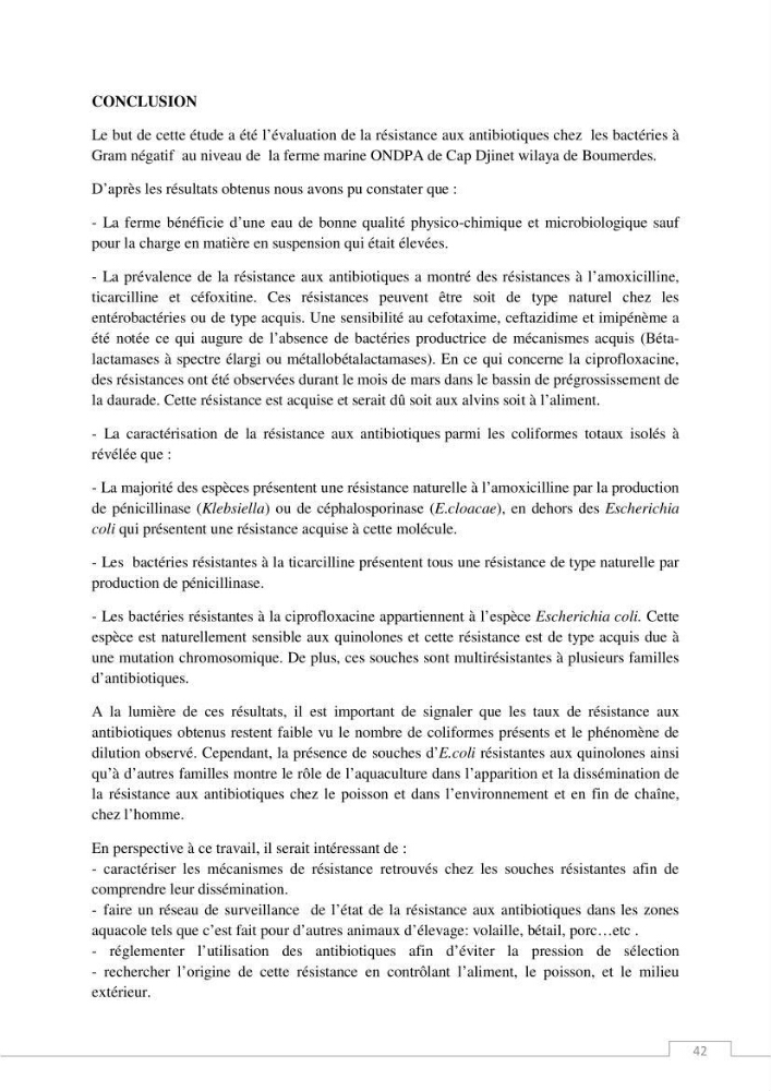 L\'évaluation de la résistance aux antibiotiques chez les bactéries à Gram négatif isolées au niveau de la ferme piscicole marine ONDPA Cap Djinet wilaya de Boumerdes: