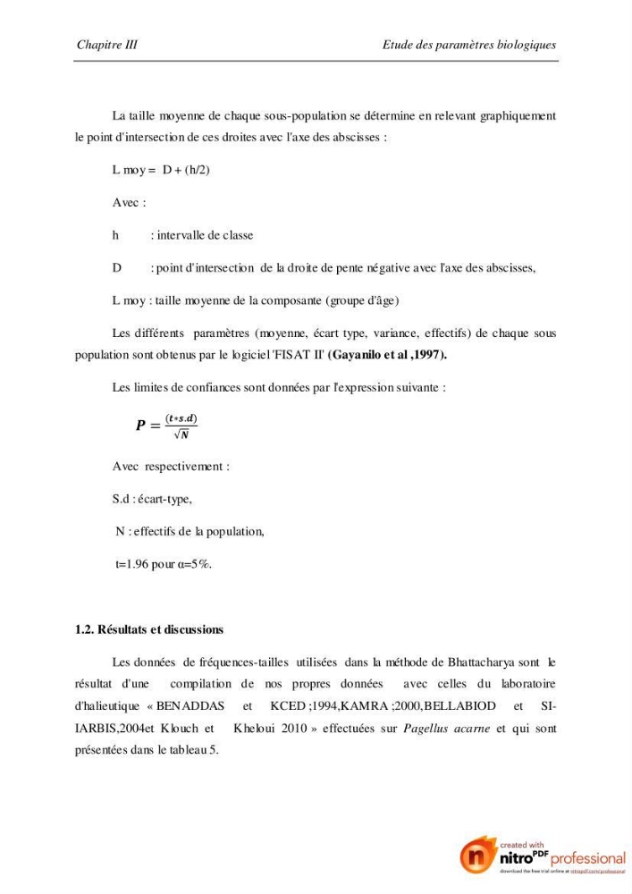 Contribution à l\'étude de l\'exploitation de Pagellus acarne (Risso, 1826) de la baie de Bou-ismail: