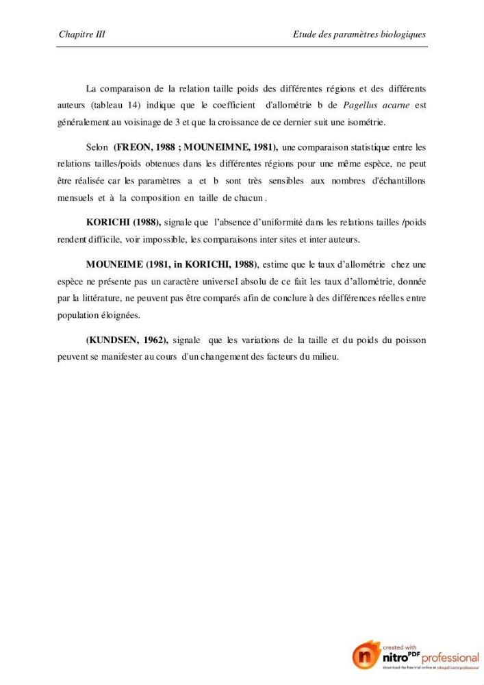 Contribution à l\'étude de l\'exploitation de Pagellus acarne (Risso, 1826) de la baie de Bou-ismail: