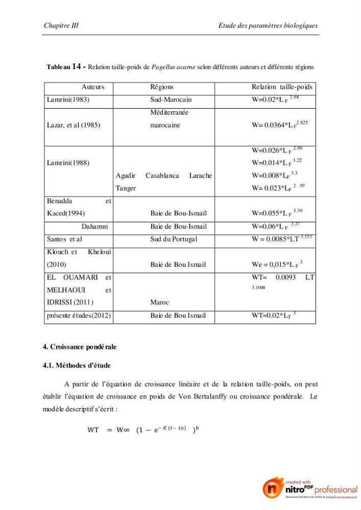 Contribution à l\'étude de l\'exploitation de Pagellus acarne (Risso, 1826) de la baie de Bou-ismail: