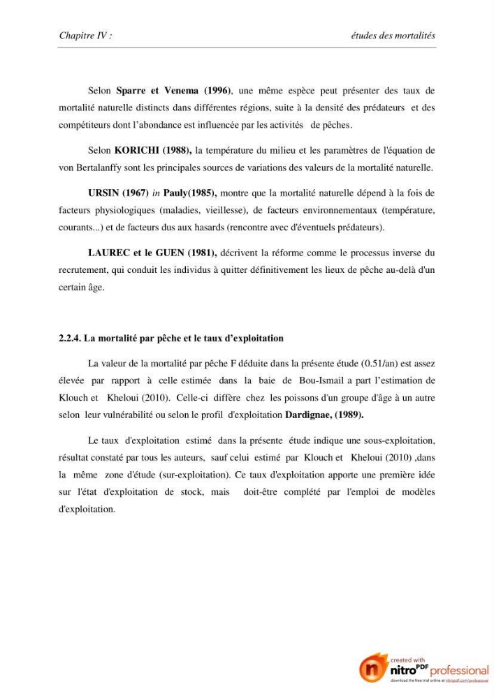 Contribution à l\'étude de l\'exploitation de Pagellus acarne (Risso, 1826) de la baie de Bou-ismail: