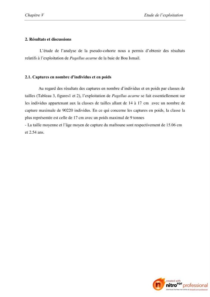 Contribution à l\'étude de l\'exploitation de Pagellus acarne (Risso, 1826) de la baie de Bou-ismail: