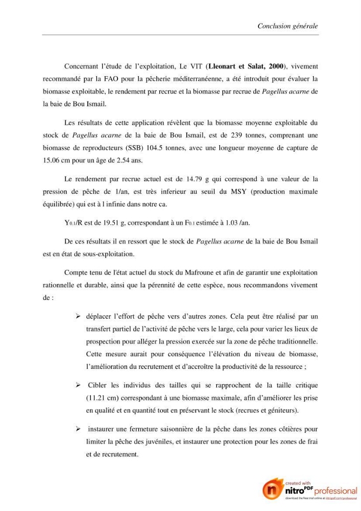 Contribution à l\'étude de l\'exploitation de Pagellus acarne (Risso, 1826) de la baie de Bou-ismail: