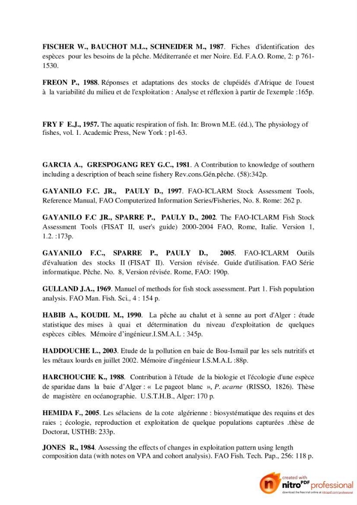 Contribution à l\'étude de l\'exploitation de Pagellus acarne (Risso, 1826) de la baie de Bou-ismail: