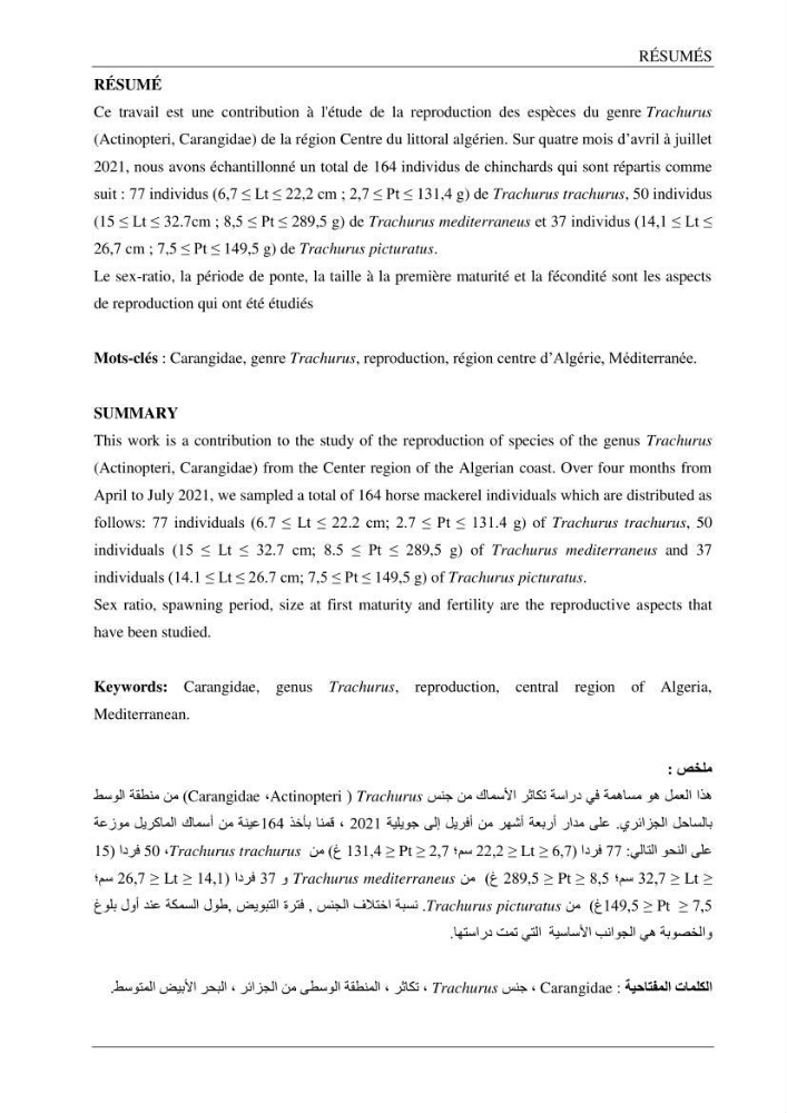 Contribution à l’étude de la reproduction des espèces du genre Trachurus (Actinopteri, Carangidae) de la région centre du littoral Algérien: