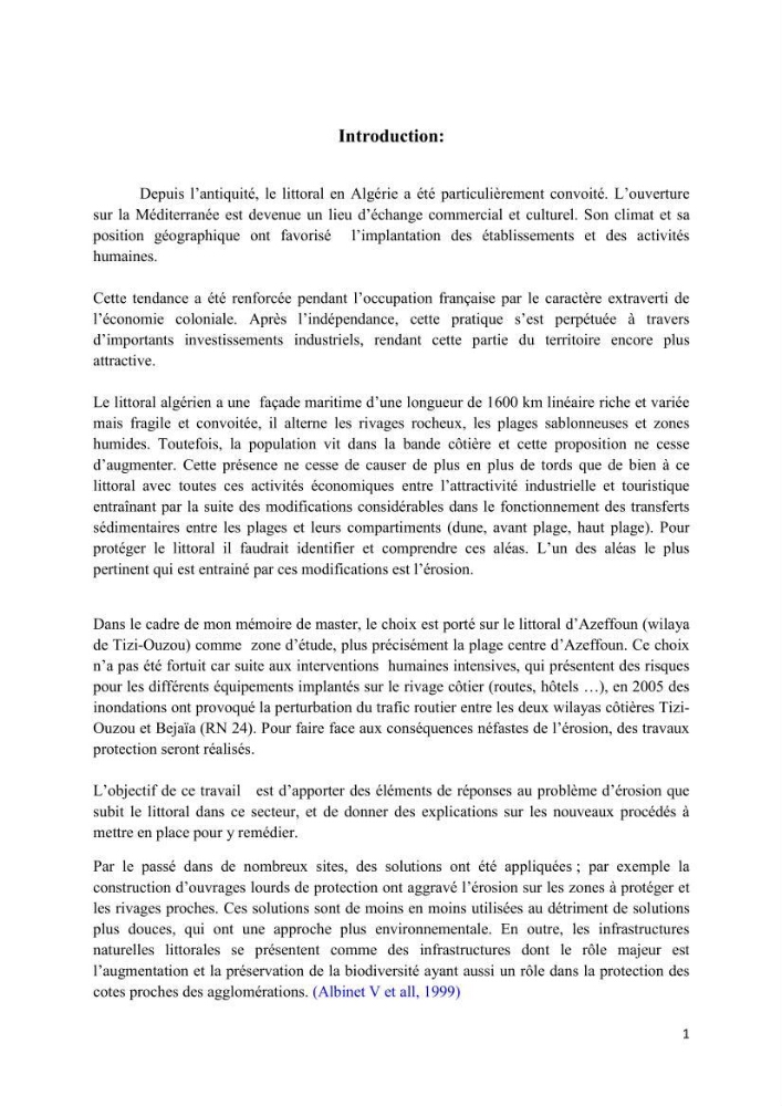 Proposition d\'ouvrages de protection par méthodes douces (géotextiles) de la plage centre d\'Azeffoun