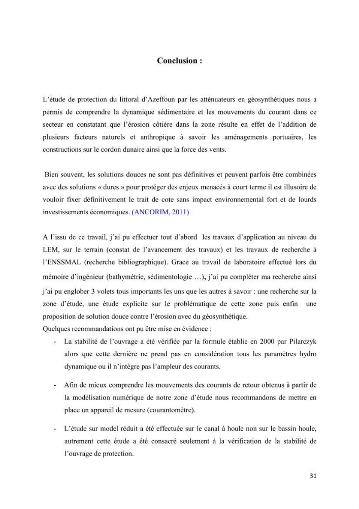 Proposition d\'ouvrages de protection par méthodes douces (géotextiles) de la plage centre d\'Azeffoun