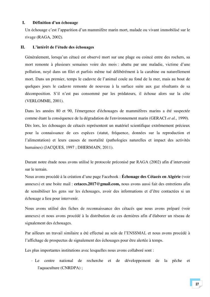 Bilan des échouages de cetacés dans le centre Algérien