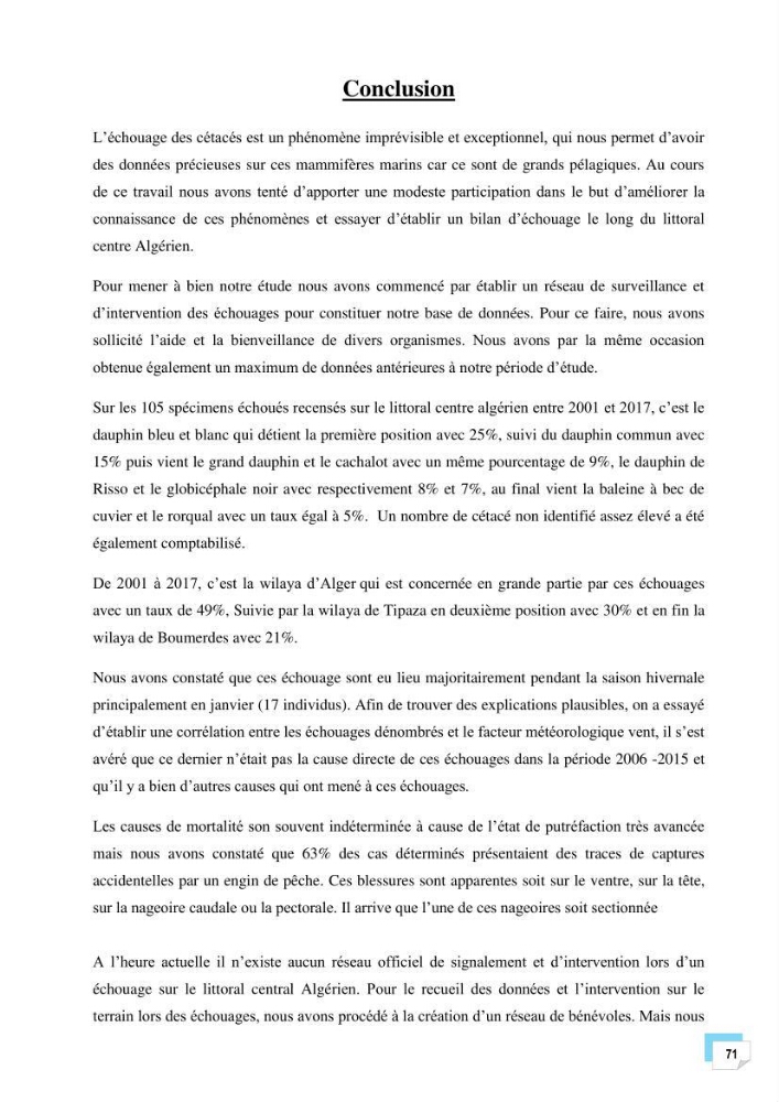Bilan des échouages de cetacés dans le centre Algérien