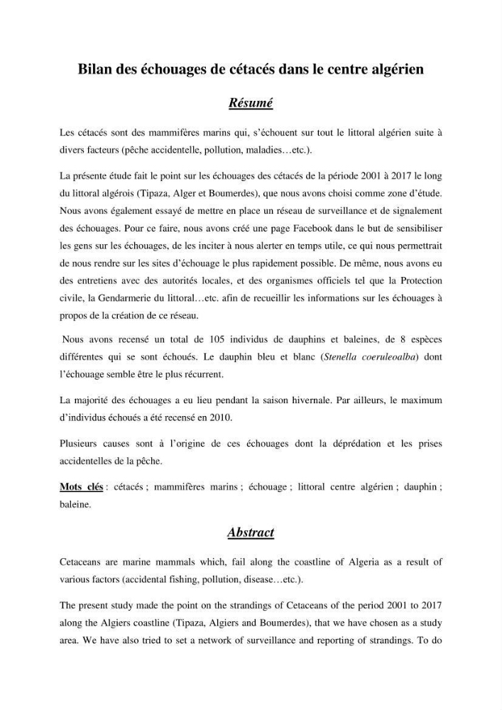Bilan des échouages de cetacés dans le centre Algérien