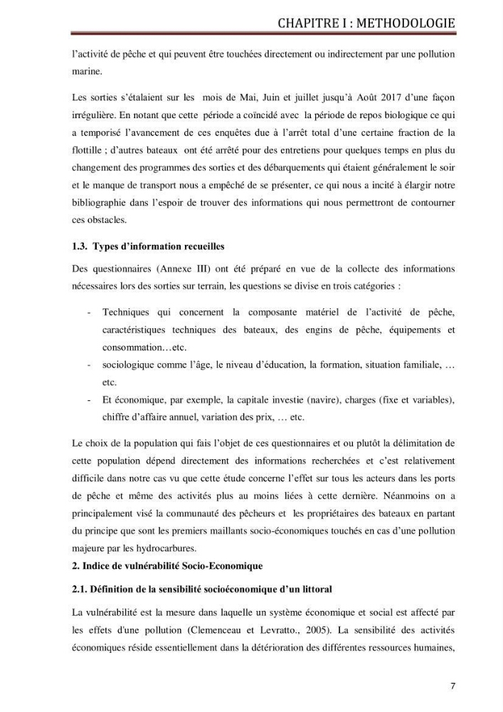 Evaluation de la vulnérabilité socio-économique du secteur de la pêche face à une pollution potentielle par les hydrocarbures dans la baie de Bou-Ismail