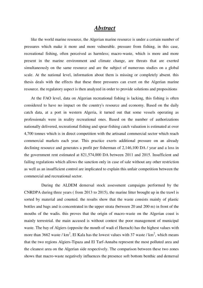 Contribution a l\'étude de l\'impact des changements des paramètres du milieu et de la préssion de la pêche sur les Bio-ressources marines Algériennes: