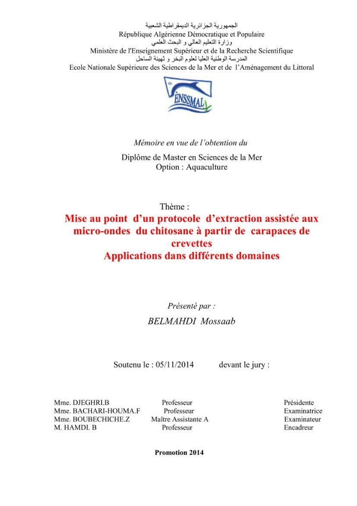 Mise au point d\'un protocole d\'extraction assistée aux micro-ondes du chitosane à partir de carapaces de crevettes