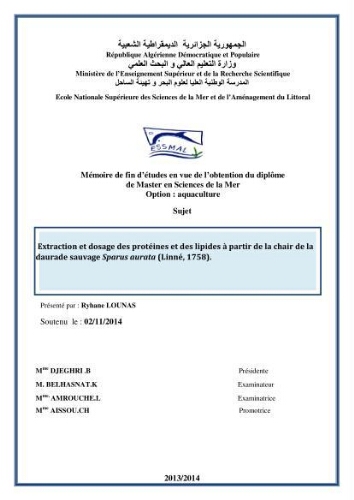 Extraction et dosage des protéines et des lipides à partir de la chair de la daurade sauvage-Sparus (Linné, 1758): Extraction et dosage des protéines et des lipides à partir de la chair de la daurade sauvage-Sparus (Linné, 1758):