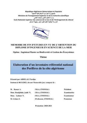 Elaboration d’un inventaire-référentiel national des Porifères de la côte algérienne Elaboration d’un inventaire-référentiel national des Porifères de la côte algérienne