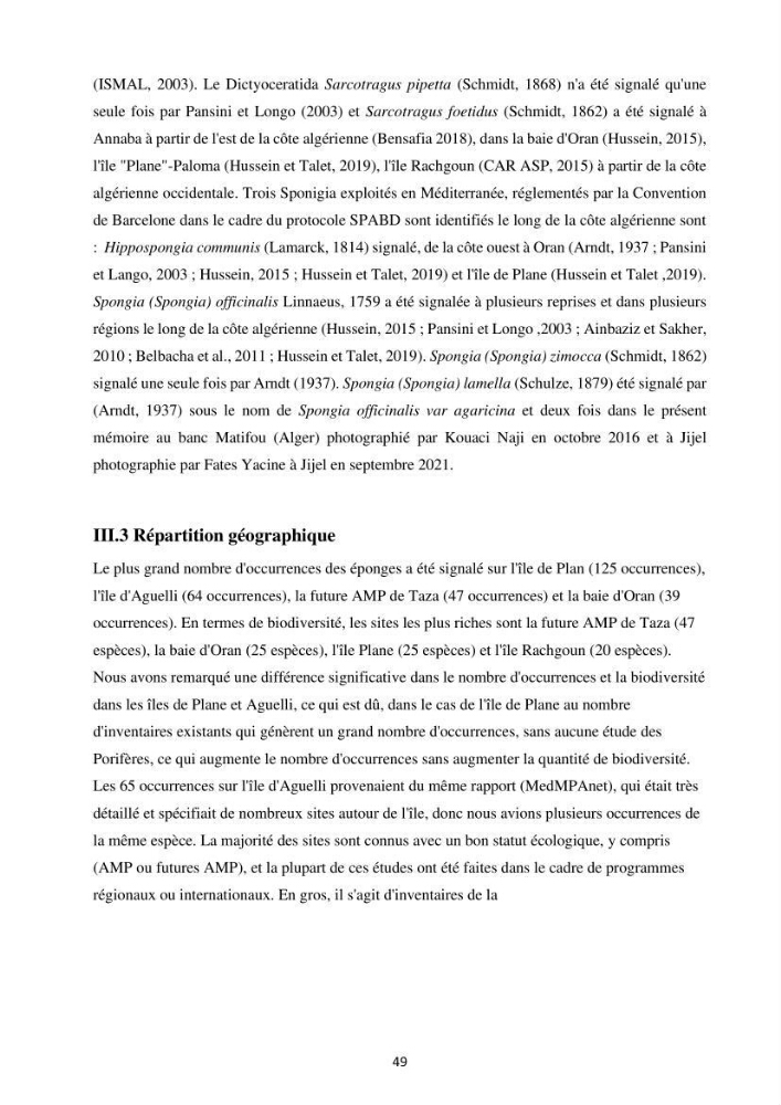Elaboration d’un inventaire-référentiel national des Porifères de la côte algérienne