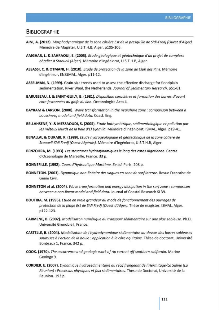 Modélisation de l\'hydrodynamique sédimentaire soumise à l\'action de la houle et des courants: Application à la côte de Sidi-Fredj