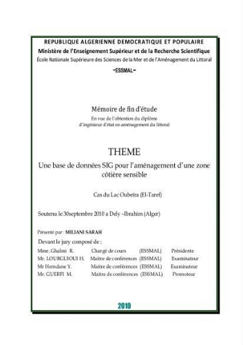 Une base de données SIG pour l'aménagement d'une zone côtière sensible Une base de données SIG pour l'aménagement d'une zone côtière sensible