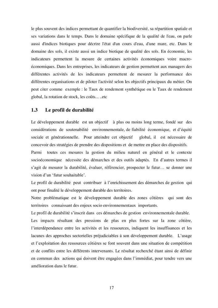 Profil de durabiblité d\'une zone cotiêre urbaine