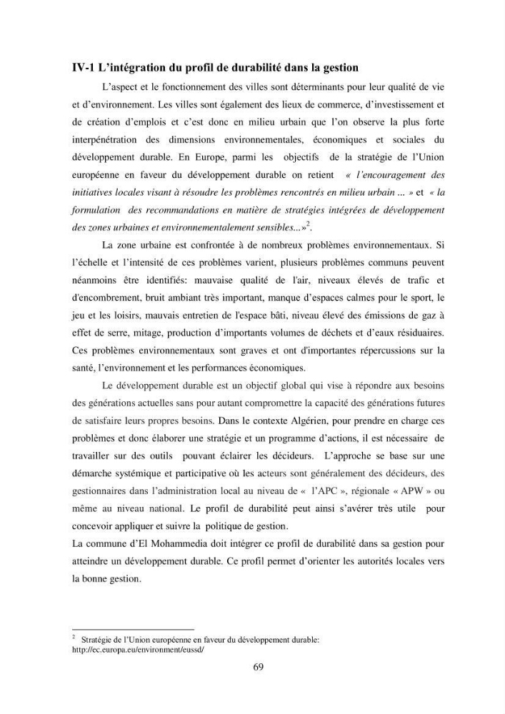 Profil de durabiblité d\'une zone cotiêre urbaine