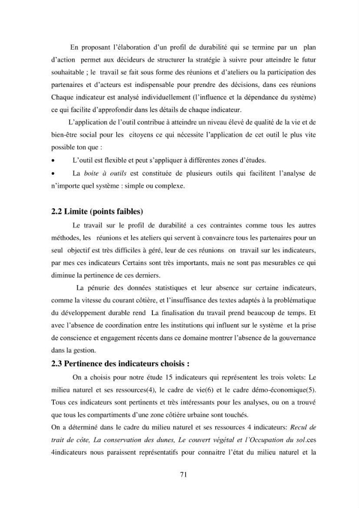 Profil de durabiblité d\'une zone cotiêre urbaine