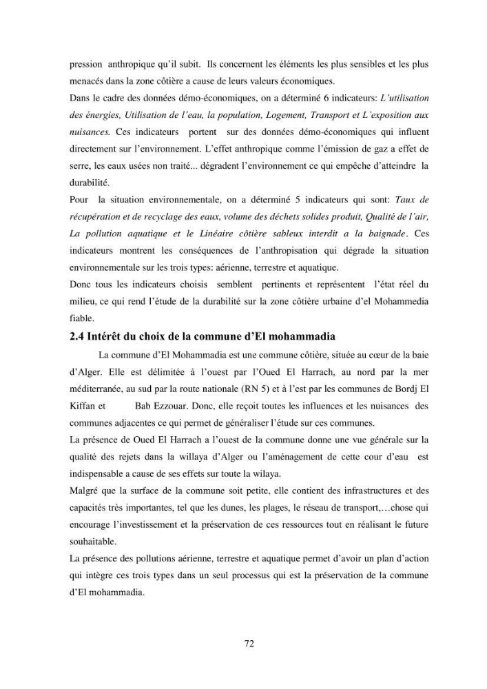Profil de durabiblité d\'une zone cotiêre urbaine
