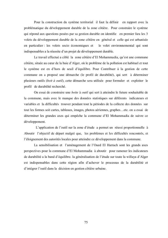 Profil de durabiblité d\'une zone cotiêre urbaine