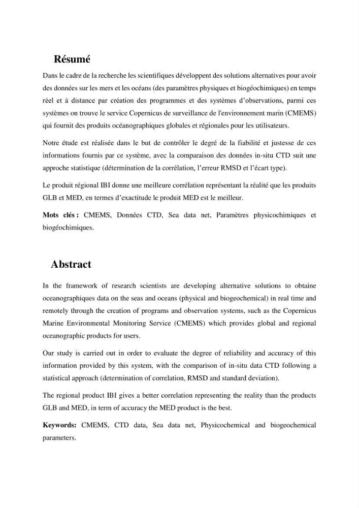 L’utilisation des données in-situ pour l’évaluation des produits CMEMS (physiques et biogéochimiques) dans le bassin Algérien.