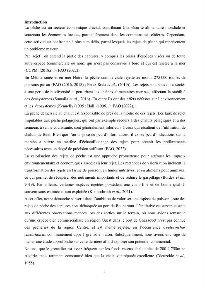 Valorisation d’une espèce de poisson issue des rejets de la pêche au niveau du port de Bouharoun biologie et exploitation de Coelorinchus caelorhincus (Risso, 1810)