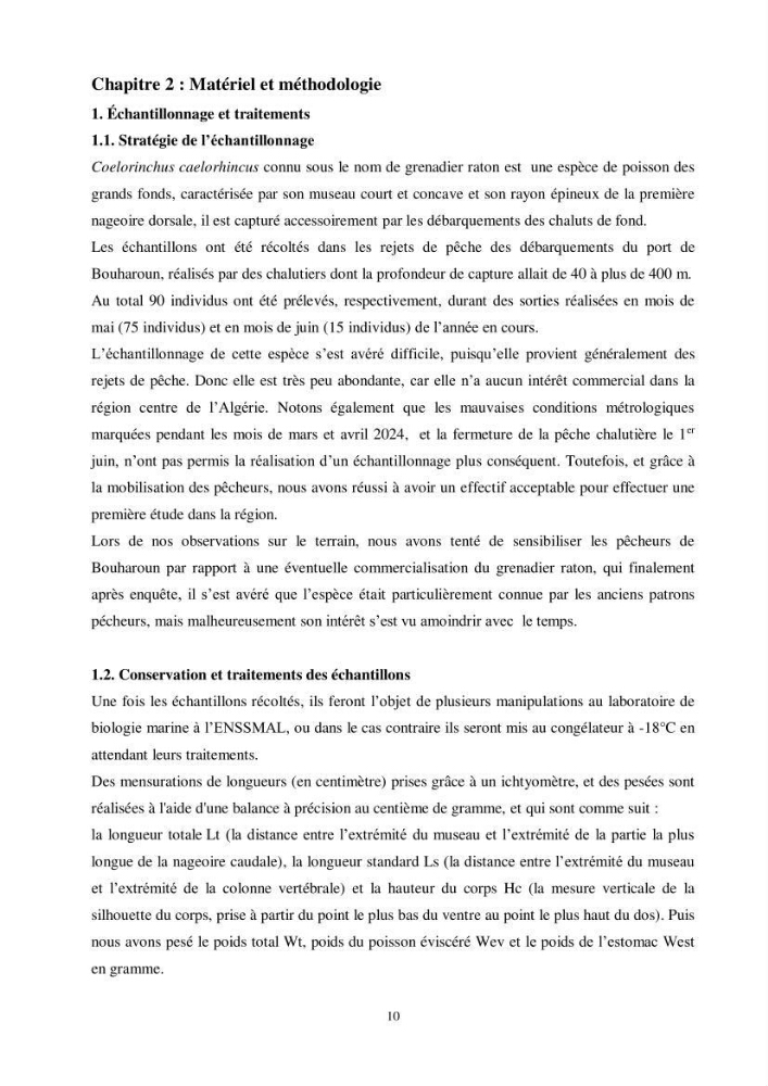 Valorisation d’une espèce de poisson issue des rejets de la pêche au niveau du port de Bouharoun biologie et exploitation de Coelorinchus caelorhincus (Risso, 1810)