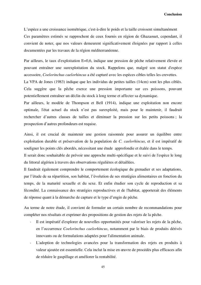 Valorisation d’une espèce de poisson issue des rejets de la pêche au niveau du port de Bouharoun biologie et exploitation de Coelorinchus caelorhincus (Risso, 1810)