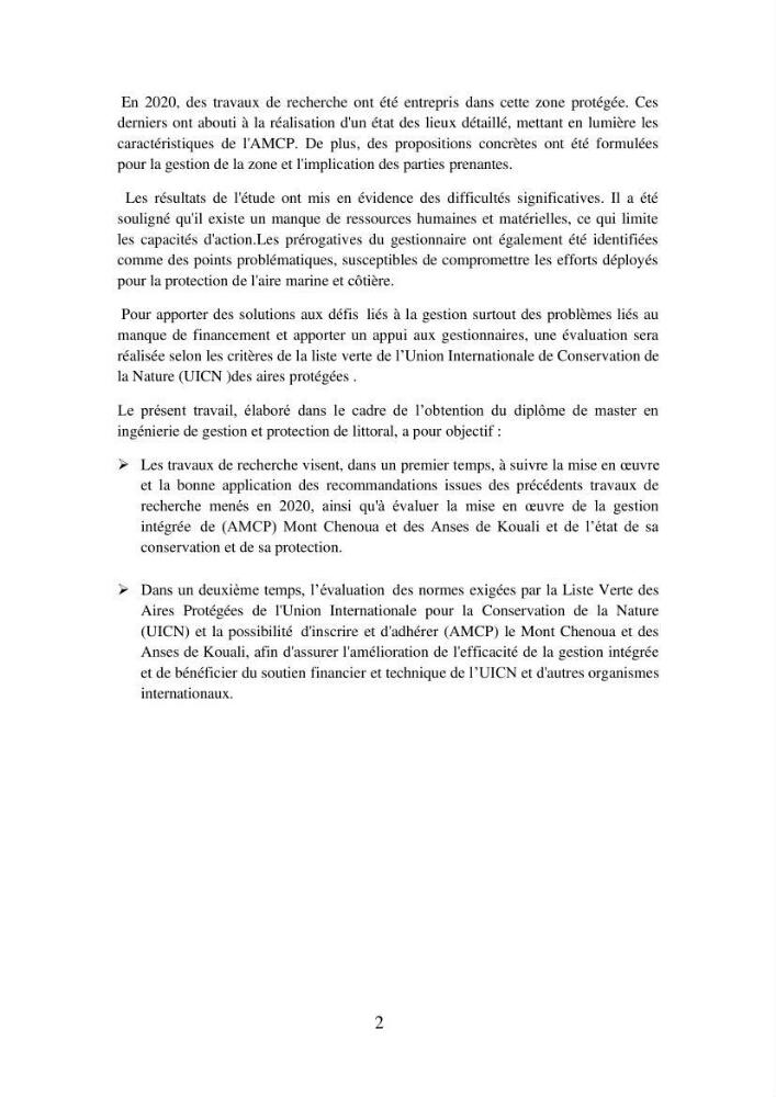 Suivi de la mise en oeuvre de la gestion intégrée de l\'aire marine et côtière protégée du mont Cheoua/Anses de Kouali et évaluation des critères requis pour sa candidature à la liste de lUICN