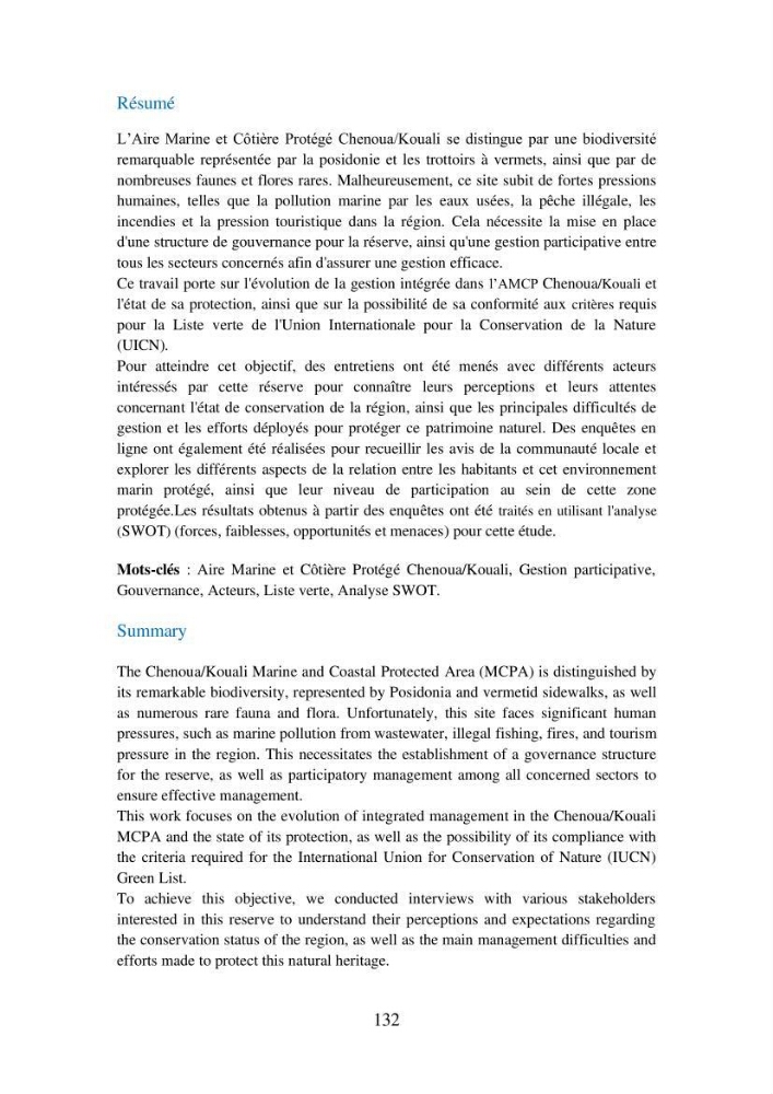 Suivi de la mise en oeuvre de la gestion intégrée de l\'aire marine et côtière protégée du mont Cheoua/Anses de Kouali et évaluation des critères requis pour sa candidature à la liste de lUICN