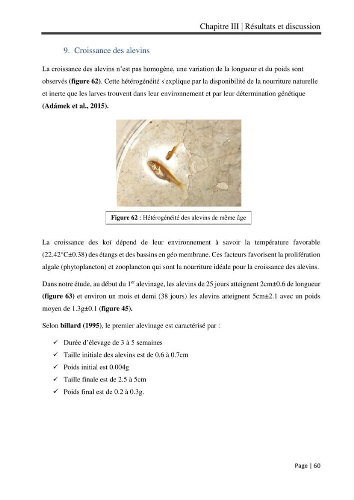 Maitrise et suivi de la reproduction artificielle et de l\'alevinage de la carpe koi (Cyprinus carpio carpio)