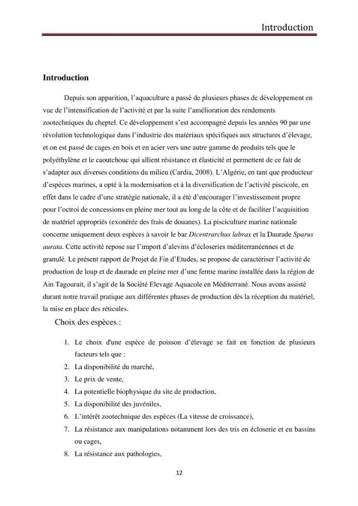 Contribution au montage des cages flotantte pour l\'élevage de loup et de daurade \'Ain tagourait,Bou Ismail Tipaza):