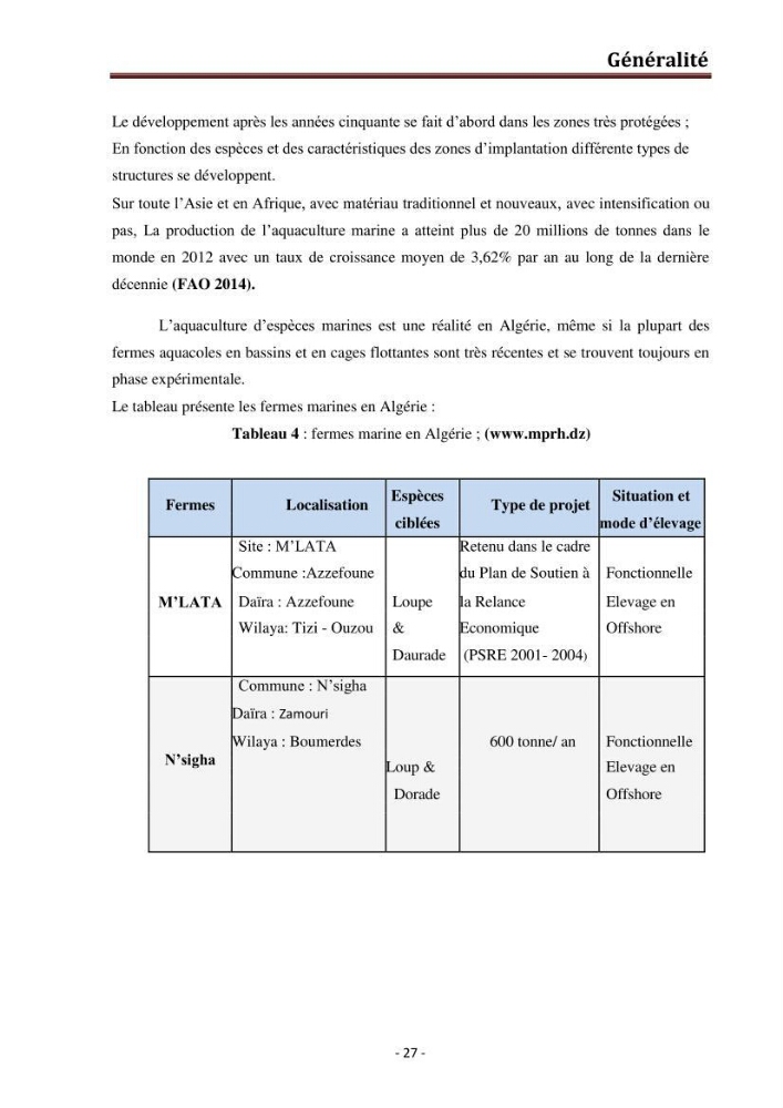 Contribution au montage des cages flotantte pour l\'élevage de loup et de daurade \'Ain tagourait,Bou Ismail Tipaza):