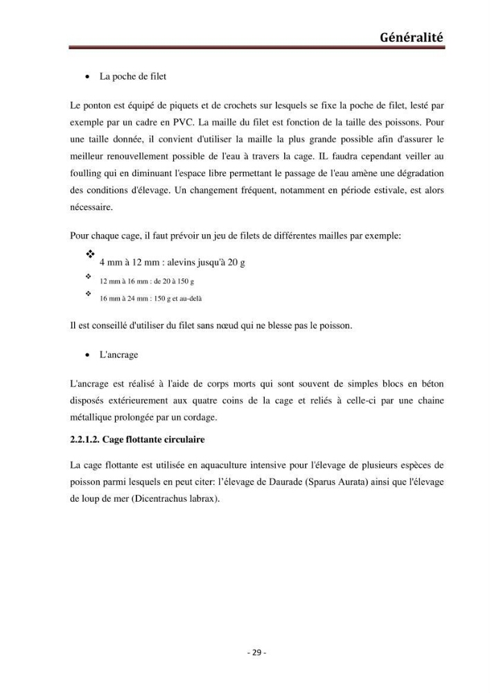 Contribution au montage des cages flotantte pour l\'élevage de loup et de daurade \'Ain tagourait,Bou Ismail Tipaza):