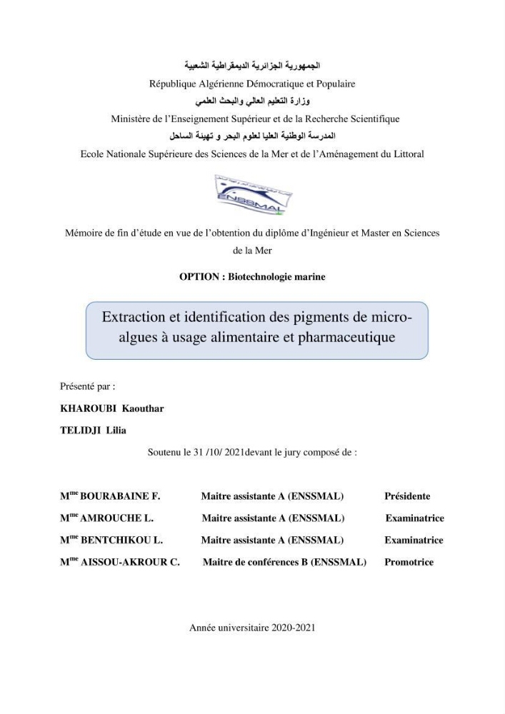 Extraction et identification des pigments de micro-algues à usage alimentaire et pharmaceutique: