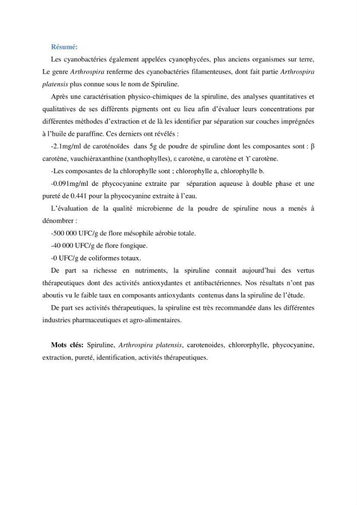 Extraction et identification des pigments de micro-algues à usage alimentaire et pharmaceutique: