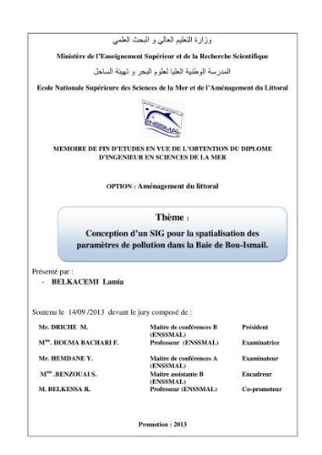 Conception d'un SIG pour la spatialisation des paramètres de pollution dans la baie de Bou-Ismail: Conception d'un SIG pour la spatialisation des paramètres de pollution dans la baie de Bou-Ismail: