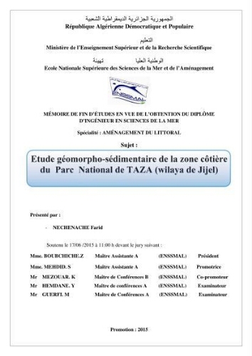 Etude géomorpho-sédimentaire de la zone côtière du parc National de Taza: wilaya de Jijel Etude géomorpho-sédimentaire de la zone côtière du parc National de Taza: wilaya de Jijel