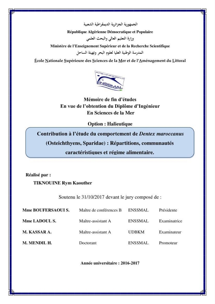 Contribution à l\'étude du comportement de dentex maroccanus (Osteichthyens, Sparidae) : Répartitions, communautés caractéristiques et régime alimentaire: