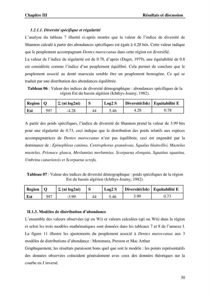 Contribution à l\'étude du comportement de dentex maroccanus (Osteichthyens, Sparidae) : Répartitions, communautés caractéristiques et régime alimentaire:
