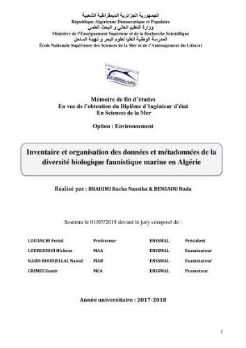 Inventaire et organisation des données et métadonnées de la diversité biologique faunistique marine en Algérie. Inventaire et organisation des données et métadonnées de la diversité biologique faunistique marine en Algérie.