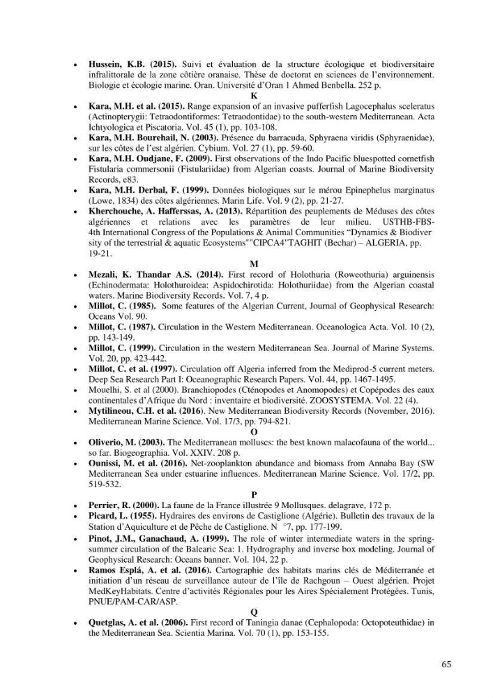 Inventaire et organisation des données et métadonnées de la diversité biologique faunistique marine en Algérie.