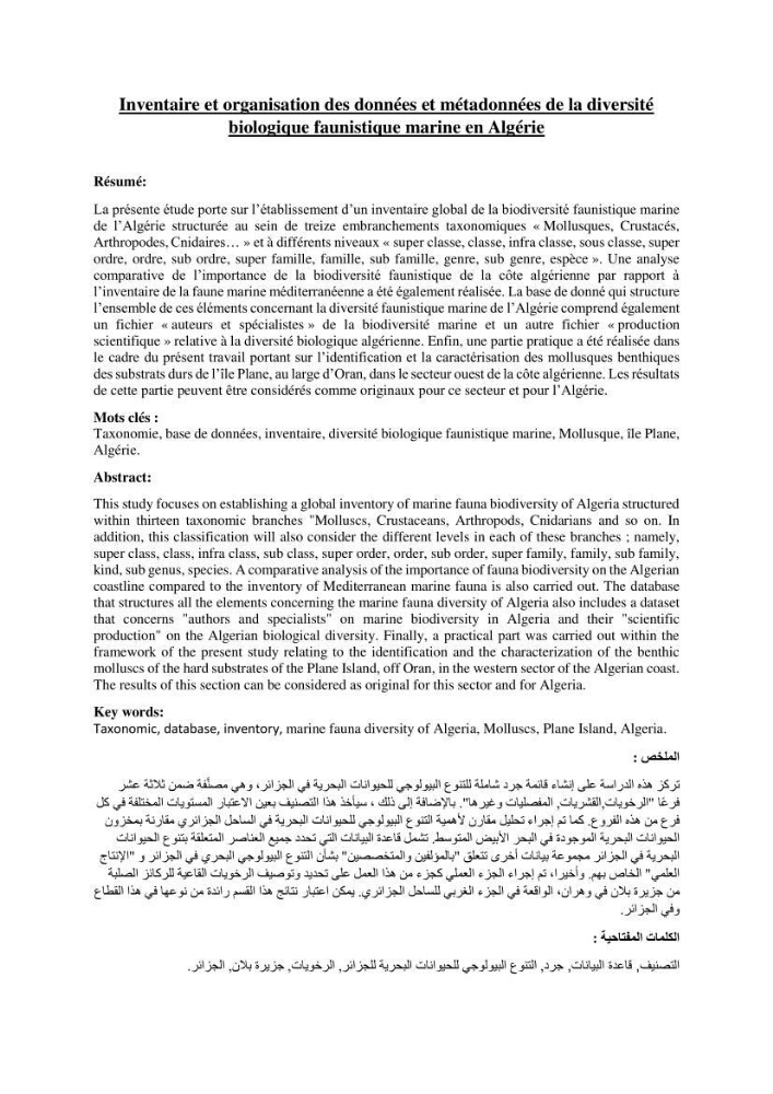 Inventaire et organisation des données et métadonnées de la diversité biologique faunistique marine en Algérie.