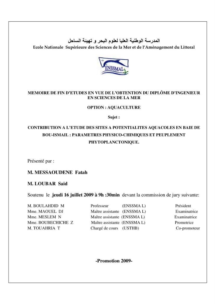 Contribution à l\'étude des sites à potentialités aquacoles en baie de Bou-Ismail