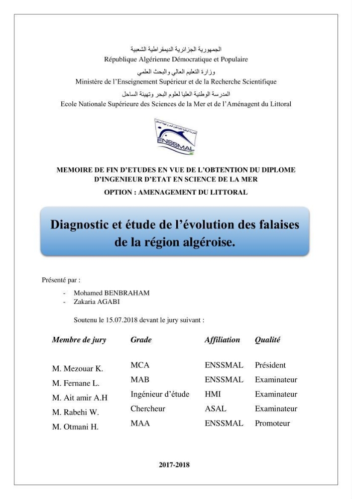 Diagnostic et étude de l’évolution des falaises de la région algéroise.: