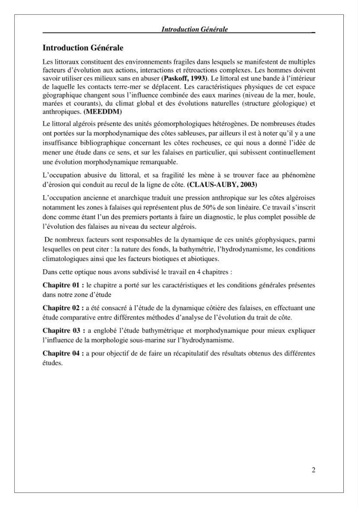 Diagnostic et étude de l’évolution des falaises de la région algéroise.: