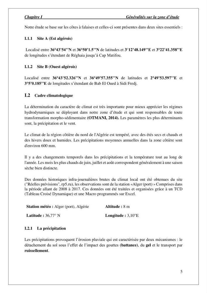 Diagnostic et étude de l’évolution des falaises de la région algéroise.: